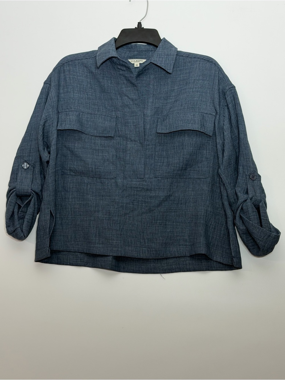 Max Studio London Pullover Shirt Size XS Blue Denim-Effect Polyester